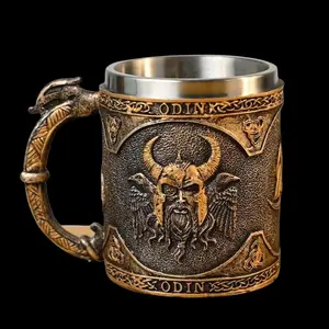 Vintage Odin Pattern Coffee Mug, 1 Count Stainless Steel Double Wall Insulated Mug with Handle, Drinking Cup for Home Office Use