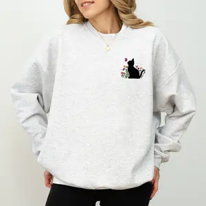Cute Black Cat Sweatshirt, Floral Cat Shirt Gift for Cat Owner, Spooky Cat Crewneck, Spooky Season Sleeve Pullover Sweater, Halloween Cat Casual Womenswear, Comfy Oversized Graphic, Cotton Fabric Unisex Sweatshirt
