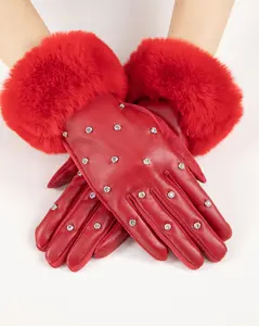 Rhinestone Studded Faux Fur Trim Touch-Screen Gloves