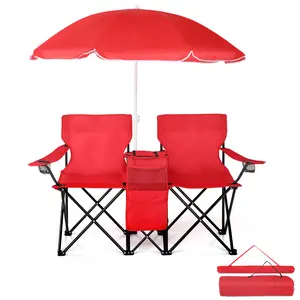 Portable Outdoor Folding Chair with Sun Umbrella Heavy Duty 2 Seat Red Weather Resistant Beach Picnic Camping