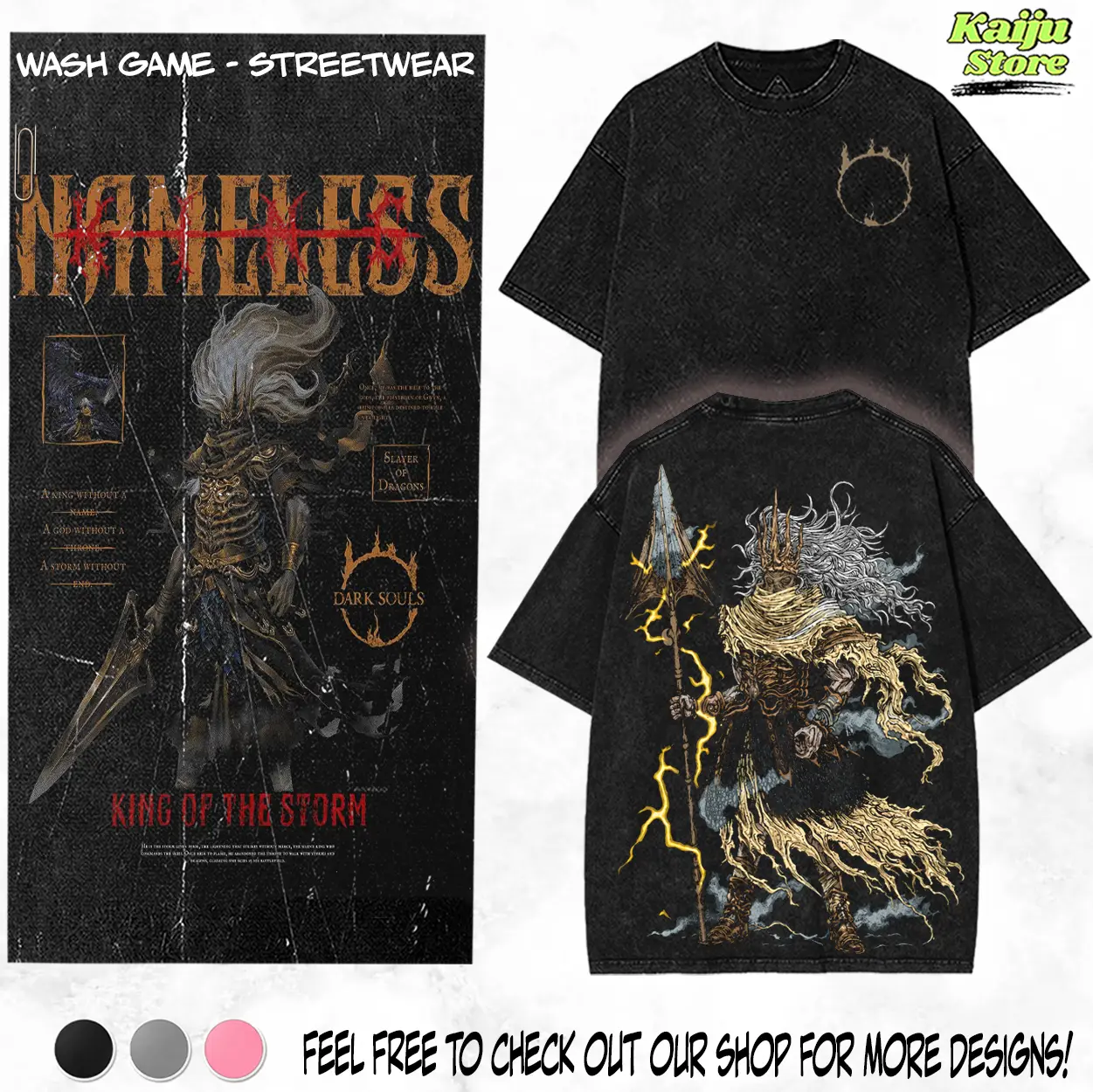Nameless King Grim Reaper Vintage Washed Heavy Cotton T-Shirt , Dark Souls Inspired Double Printed Front Back Graphic Tee, Unisex Streetwear, Soulsborne Gamer Gift Streetwear Casual Crewneck Tee