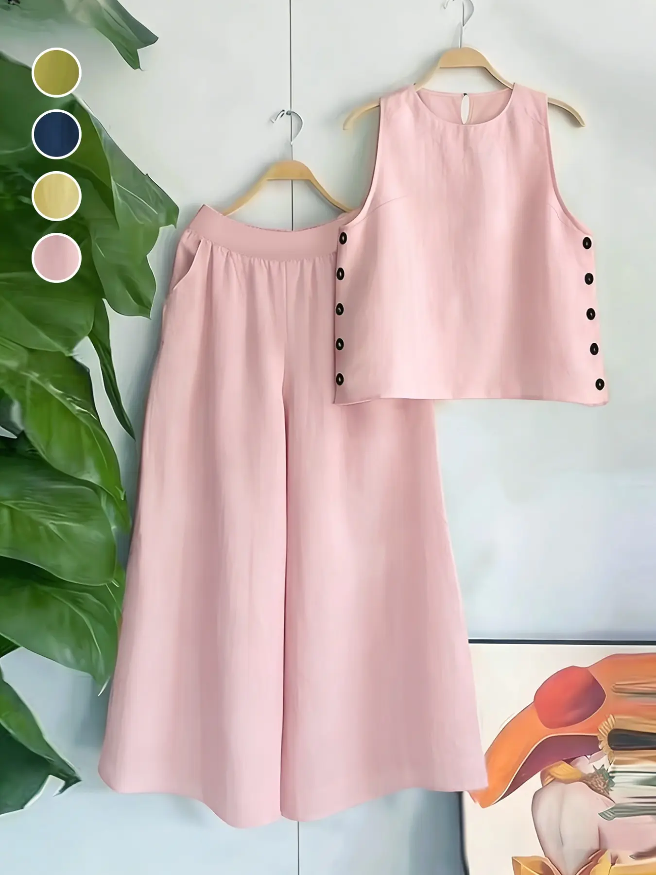 Women's Loose Fit Sleeveless Cami Top Button & Wide Leg Pants Set, Womenswear Breathable Comfort Design, Casual Daily Wear Clothes