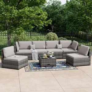 TikTokShopStockUp  WTFGO Outdoor Wicker Sofa Set Waterproof UV Resistant Garden Leisure Furniture Includes Tempered Glass Coffee Table High Density Sponge Cushions