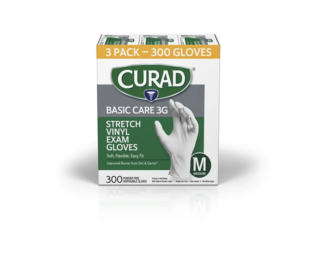 CURAD Basic Care Durable 3G Stretch Vinyl Exam Gloves, Powder-Free, Medium Size, 300-Count Pack for General Examination Needs & Medical Settings