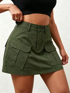 Fashion Solid Color Pocket Casual Skirt, Spring Summer Women's Military Short Skirt, Leisure Workwear High Waist A-Line Skirt with Pockets