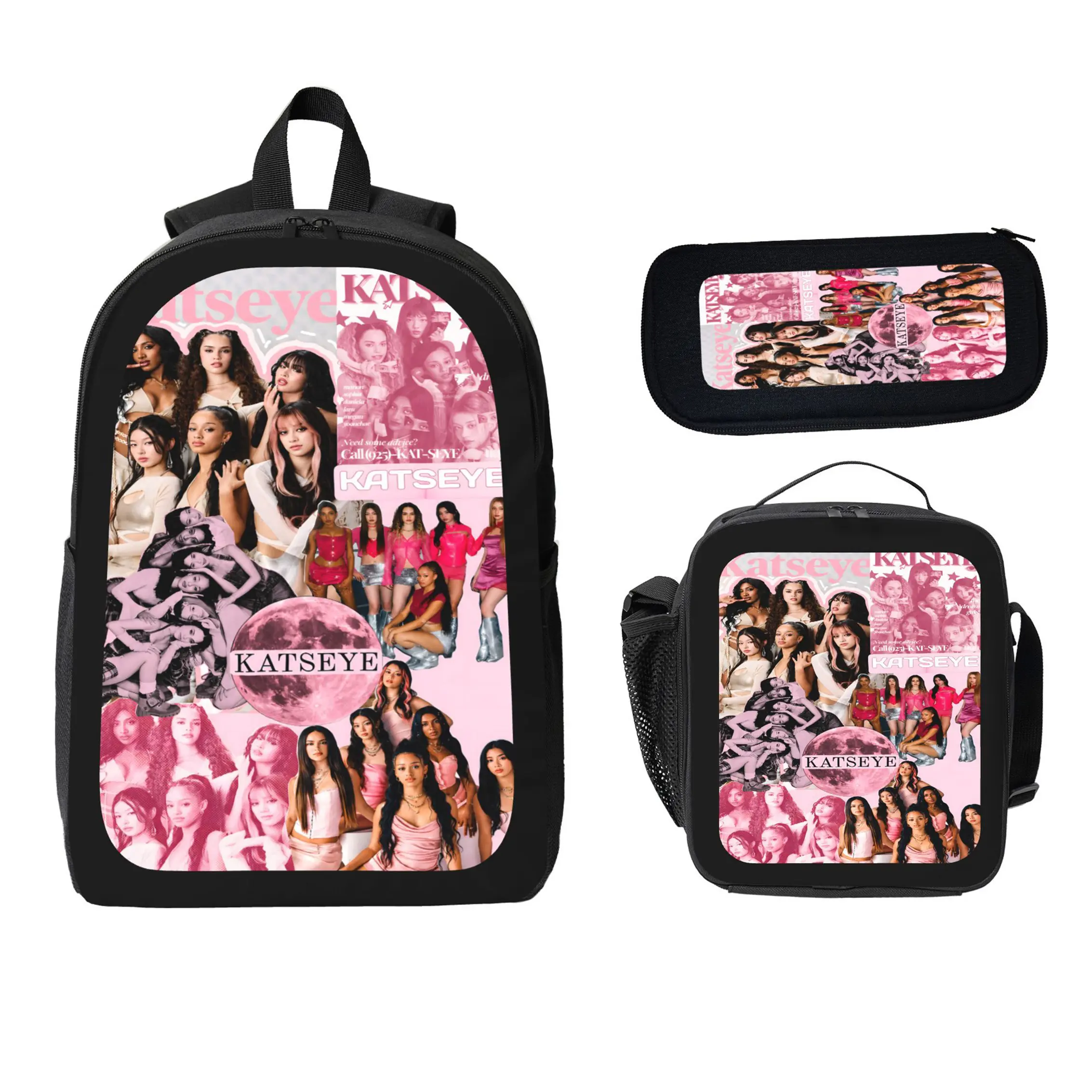 KATSEYE Preppy Multi-Function Pattern Backpack Set - Durable Polyester Lightweight Organizer, Lunch Bag, Pencil Case, Travel Daypack, Back to School Haul Supplies for Teens & Students, Multi Function Backpack, Campus Life, Casual, Synthetic, Unisex, Zippe