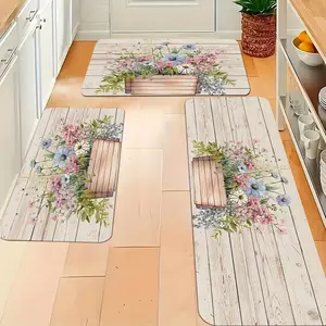 3pcs Modern Kitchen Set Mat, Soft & Comfortable Flannel Mat with Fresh Flower Pot Pattern, Easy to Clean for Bedroom, Living Room, Dining Room, Kitchen, Bathroom Entrance kitchen carpet