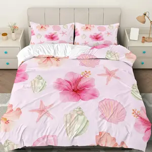 3PCS Duvet Cover Set, 1 Duvet+2 Pillowcases(Without filler), Floral Seashell Starfish Pink Tropical Beach theme, Summer bedding set, Floral Coastal Luxury Suitable for decoration Bedroom, Guest Room, Vacation Home, Beach House.