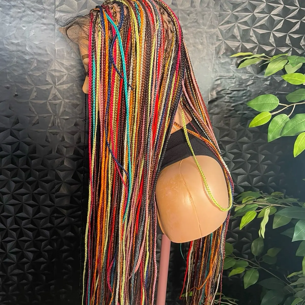 360 full lace rainbow color wig, made with fiber hair blend lace in 30 inches. a very colorful wig for all occasion. Medium: Cap size :21.5 – 22.5”