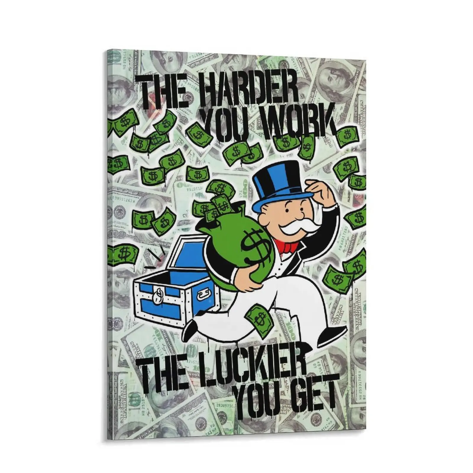 Money Graffiti   Art, Monopoly Inspired Street Pop Art Poster, “The Harder  Work The Luckier  Get” Motivational  Print, Hypebeast  Decor, Modern Urban  Decor for Bedroom Office Gaming  wall canvas Decoration Artistic