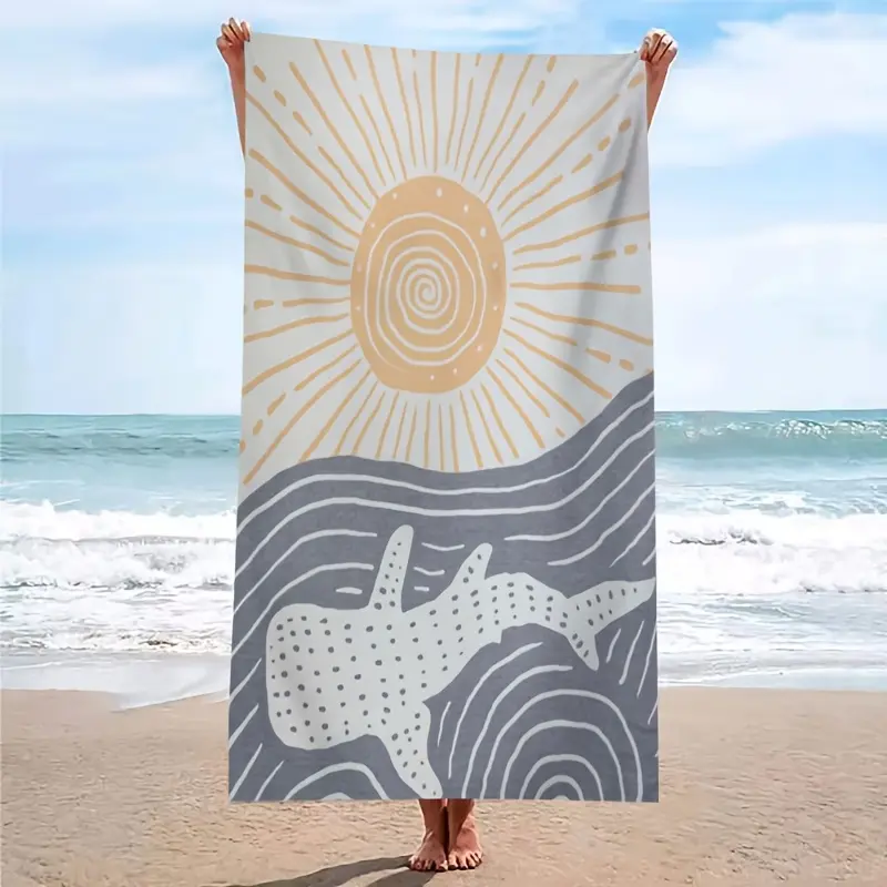 A Whale Shark Printing Beach Towel, Minimalist Lines Outline the Sunrise and Whale Shark Patterns, Full of Artistic Sense, Skin-friendly Water Absorption and Easy Storage, Summer Beach Travel Texture Choice., Travel Essentials