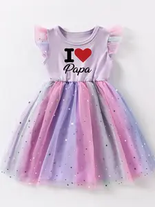 Girls' Summer Dress 4-7 Years, Short Sleeve Casual Sparkle Mesh Skirt, kids clothes, gift for father's day, Stylish Holiday Outfits for Kids Spring Break summervibes