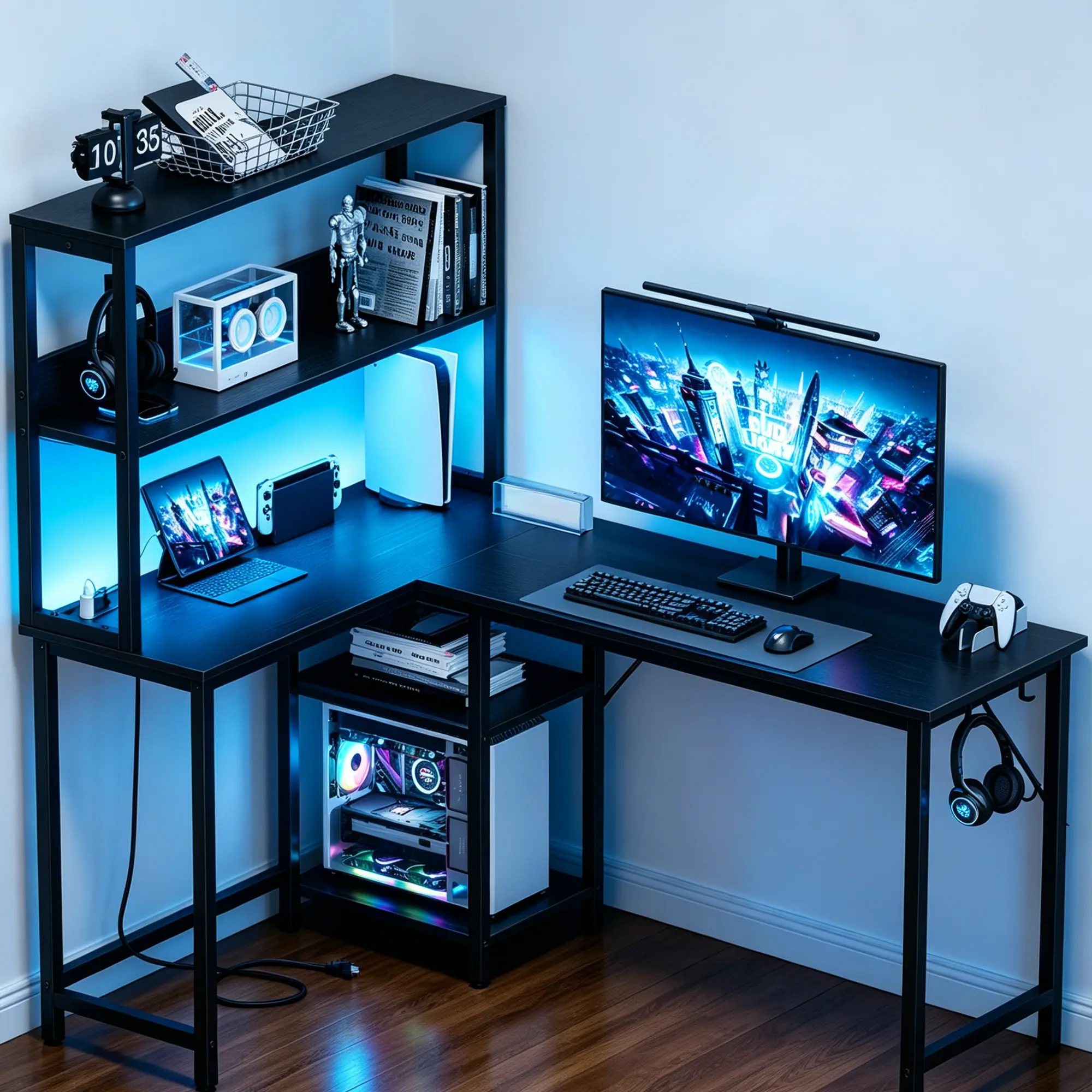 L Shaped Desk Gaming Desk with LED Light & Power Outlet, 43 Inch Reversible L Shaped Computer Table with Shelf, Corner Desk Hook for Home Office Desk, Black 53IN Black L-Shaped Gaming Desk - Reversible Flip-Up Office Desk with LED Lights, Power Outlets