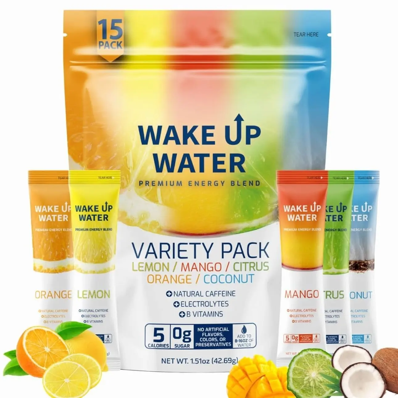 Wake Up Water Energy Drink Mix, Sugar Free Clean Energy Powder with Electrolytes & B Vitamins, Natural Caffeine for Focus & Hydration (15 Pack) - Variety