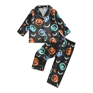Kids Toddler Boy Halloween Pajamas Pumpkin Print Long Sleeve Button Up Shirt Tops Long Pants Sleepwear Loungewear