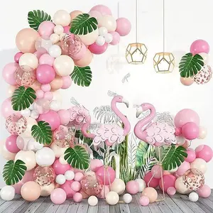 132Pcs Pink Flamingo Balloons Arch Garland Kit, Blush Peach Pink Pastel Orange Confetti Balloons Tropical Palm Leaves for Girls Women Wedding Birthday Baby Shower Party Decorations