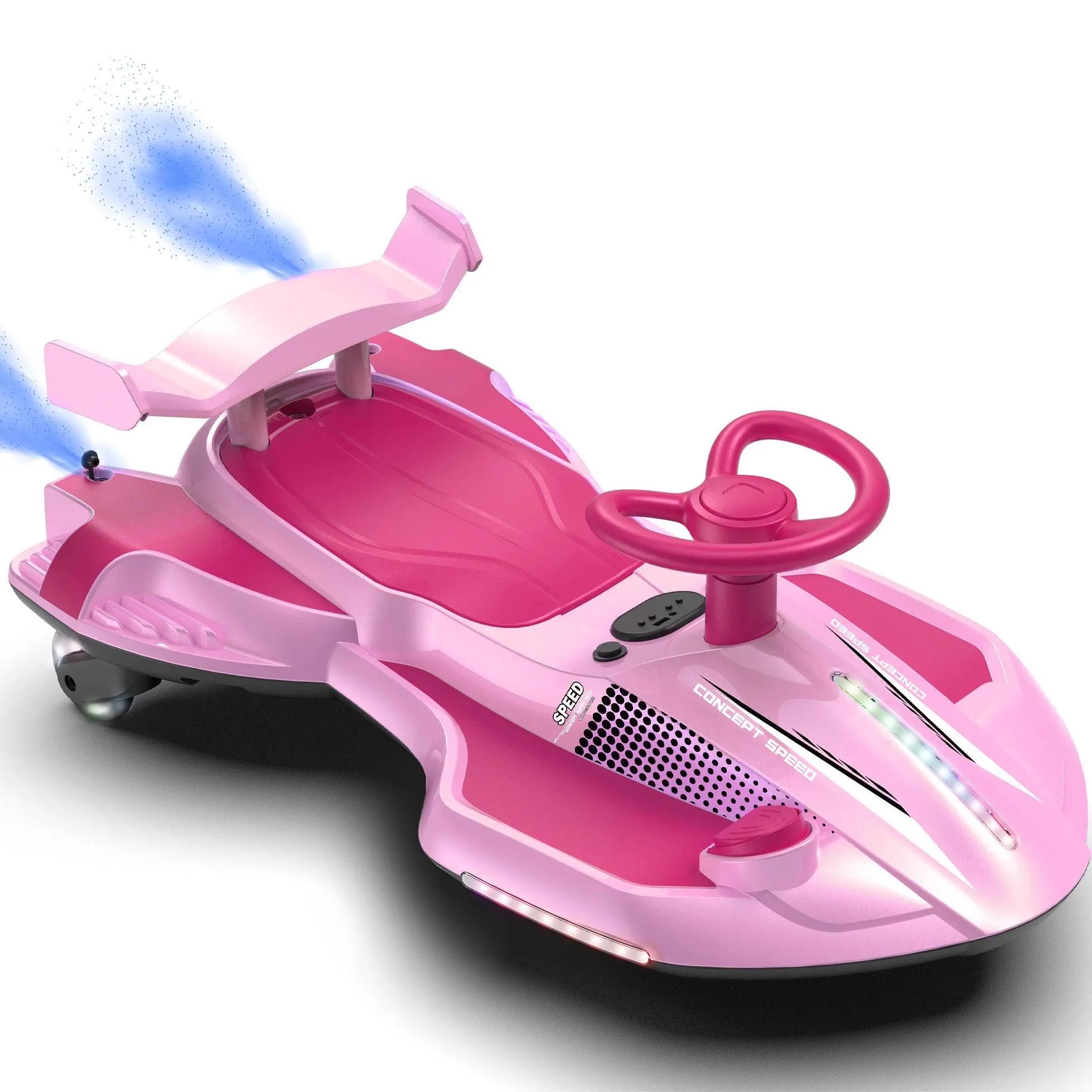 12V Kids Electric Wiggle Ride-On Car for 3-4 Years (Ages 3+), 35W Motor, 3.73–4.35mph Car Speed, 360° Continuous Drifting, Rear Mist Spray, Cool LED Lights, Flashing Rear Wheels, Music, USB, MIC, Power Display, Triangular Anti-Tip Chassis, Cells