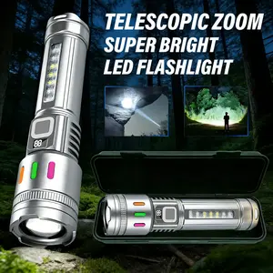 Silver Color Multi-Function Ultra-Bright LED Rechargeable Flashlight, Zoom Adjustable Beam, 5 Lighting Modes, Long Battery Life, Outdoor Camping Repair Home Emergency