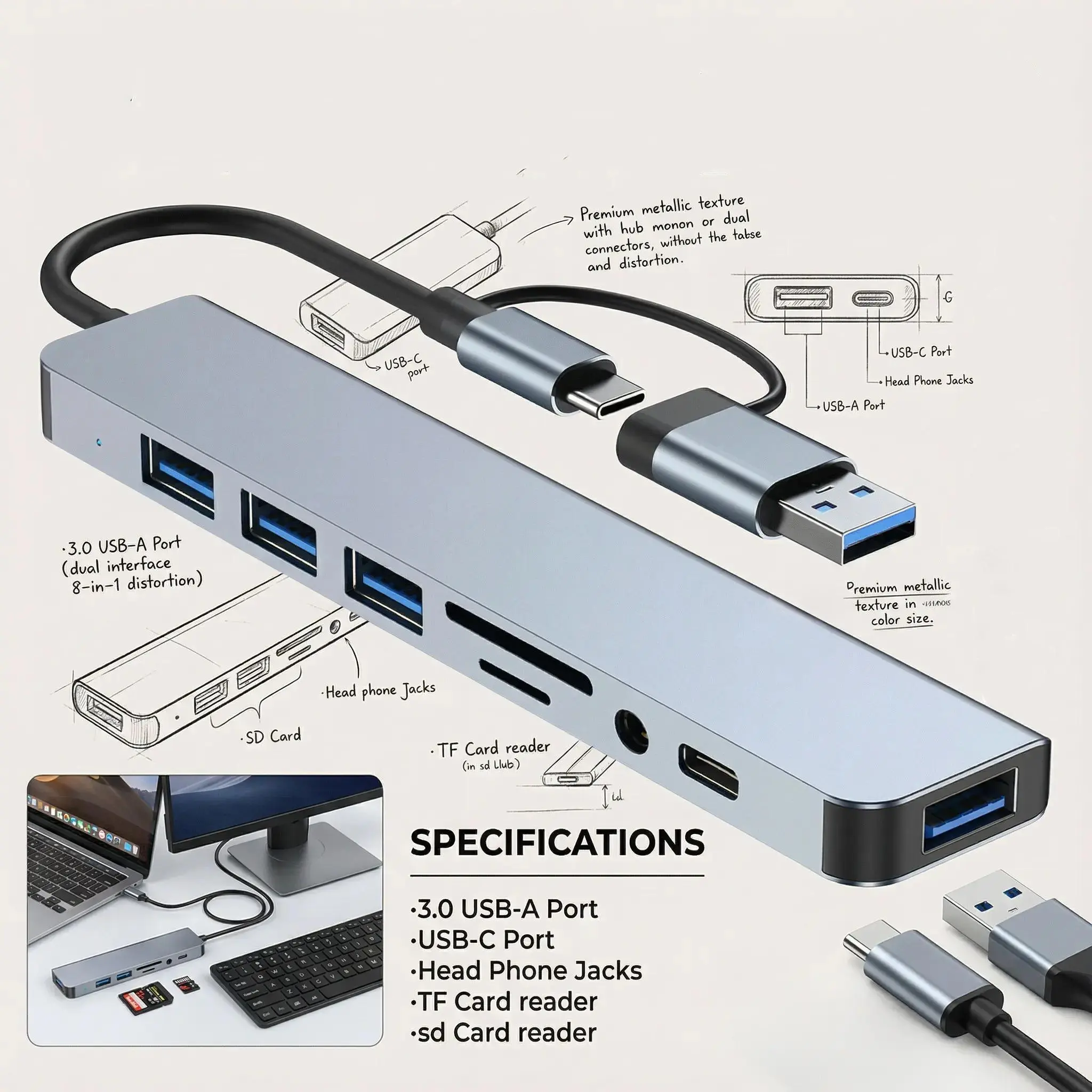 Dual USB A/C Input Dongle Revodok Docking Station 10 in 1 Extender USB C Hub Type C to PD Data Ports TypeC Multiport Adapter, 4USB Ports TF/SD Card Reader 3.5mm Audio Jack C Port for iPhone/Samsung/Macbook Air Pro/iPad Pro/XPS Computer Camera data transfe