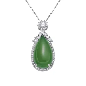 S925 Sterling Silver Teardrop Green Chalcedony Pendant Necklace Mother Day Gift