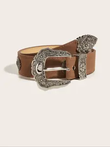 Women's Vintage Flower Engraved Design Western Belt, Fashionable Synthetic Leather Belt for Jeans & Dress, Casual Waistband for Daily Use, Exquisite Belt