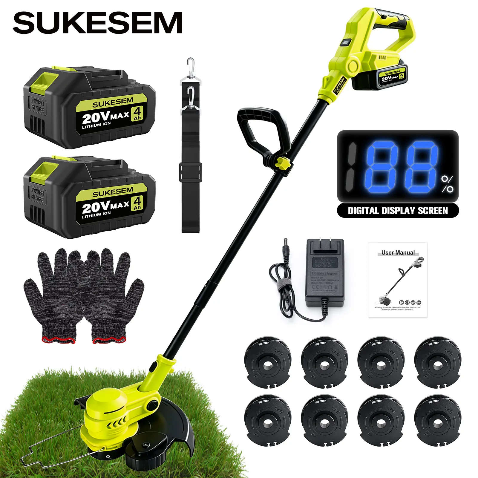 SUKESEM 20V Cordless Electric String Trimmer - Portable Battery-Powered Grass Weed Eater, Lightweight Lawn Edger with 8 Replacement Spools for yd/Garden Weeding, Trimming, Bush Cutting Home Outdoor Power Tool