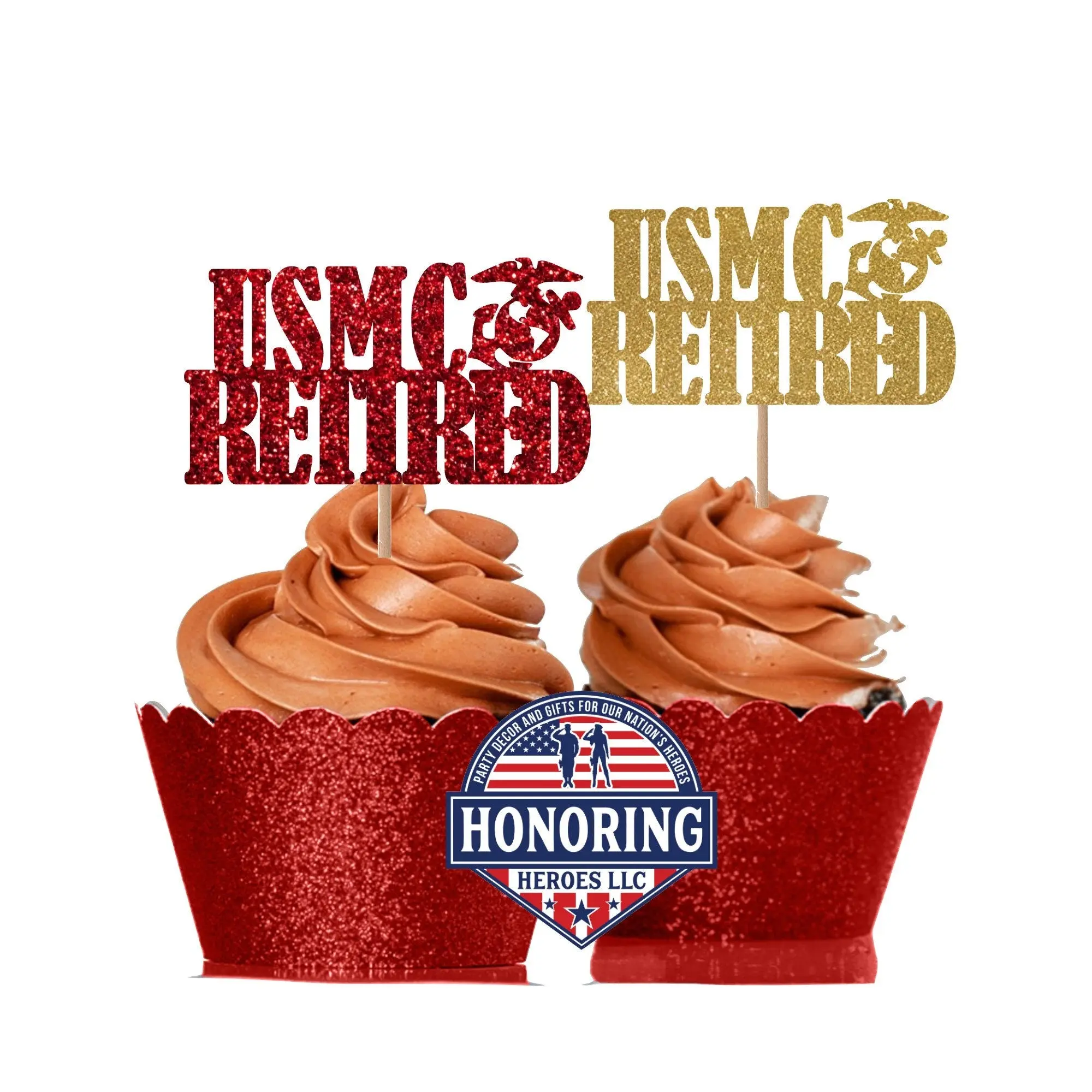 USMC Retired Glitter Cupcake Toppers, Marine Retirement Party Decor NO SHED!