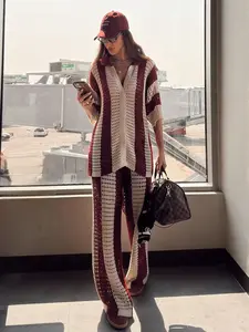 Spring Summer Fashion Hollow Out Colorblock Knitted Cardigan Loose Knit Wide Leg Pants Set, Stylish Casual for Women