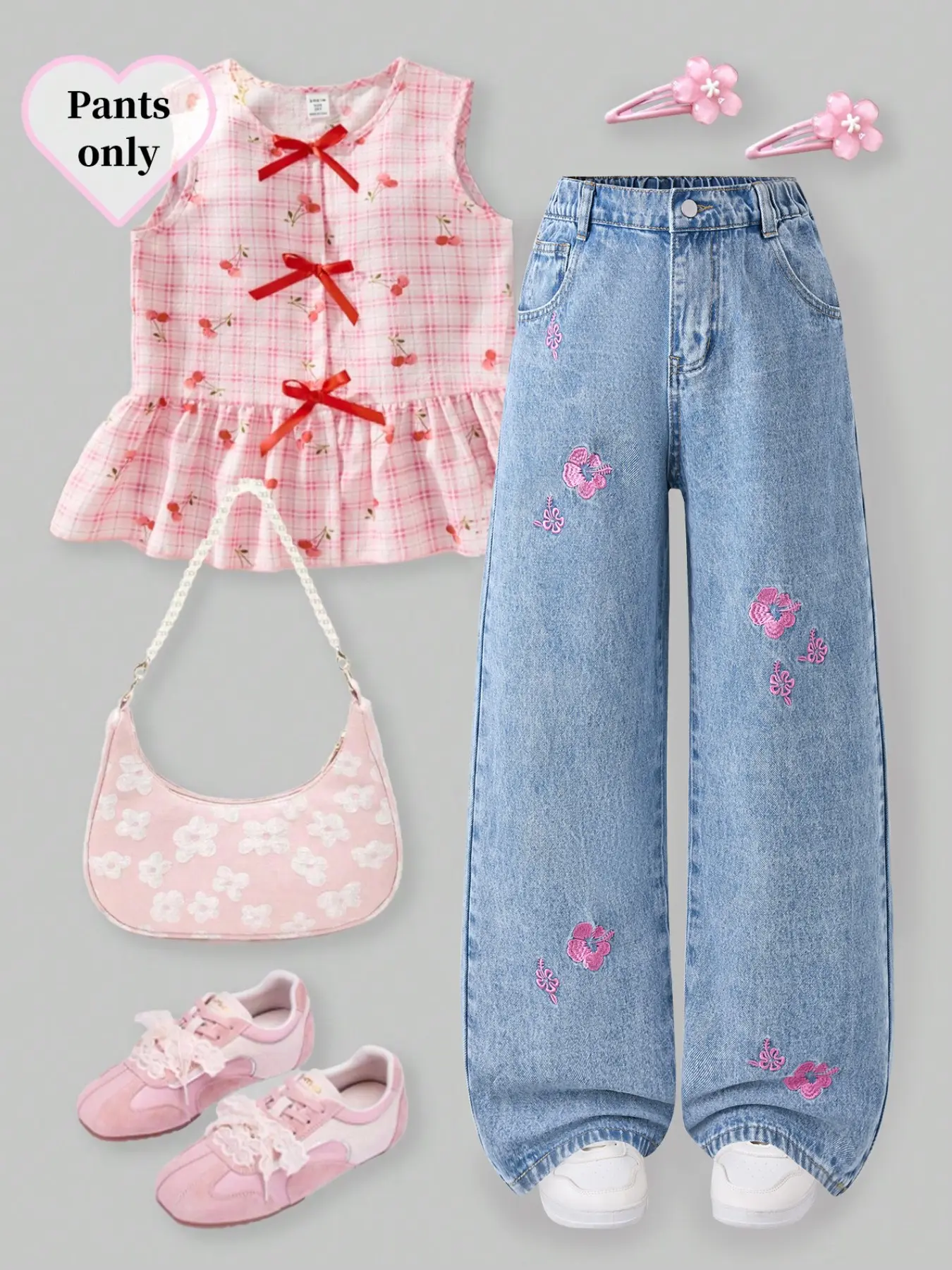 Summer Design Easy Fit Embroidered Loose Jeans, 2026 New Floral Embroidery, High Waisted Jeans, High Waist Long Pants, Denim Loose Jeans, Comfortable Elastic Waist, Embroidered Casual Jeans, Cute Style for Teen Girls