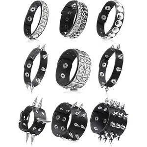 9 Pcs Spiked Studded Bracelet Black Leather Rivet Punk Bracelet Y2k Cuff Wrap Bangle Snap Button Wristband Men Women graduation gift tiktokshopspringglowup room decorations yard decor
