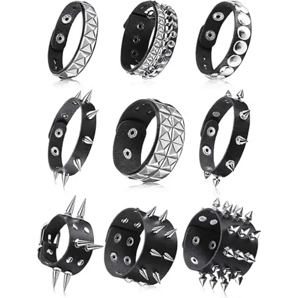 9 Pcs Spiked Studded Bracelet Black Leather Rivet Punk Bracelet Y2k Cuff Wrap Bangle Snap Button Wristband Men Women graduation gift tiktokshopspringglowup room decorations yard decor