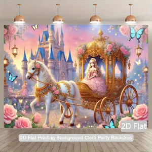 2D Flat, 1pc Tale Castle & Carriage 2D Flat Tapestry - Princess Birthday Party Backdrop, Wedding/Photo Studio Background, Durable Decor for Indoor/Outdoor for all-ages & Events, 2D Flat