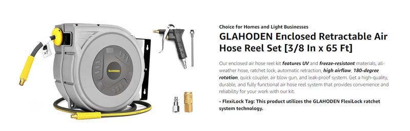 GLAHODEN Upgraded Retractable Air Hose Reel,MAX 3/8IN x 100FT Hybrid Air Hose Max 300PSl, AirCompressor Hose Reel Auto-Rewind with 6.6 FTLead in, Ceiling/Wall Mount Enclosed Pp Reel &Built-in 180° Swivel Bracket，TikTokShopBlackFriday