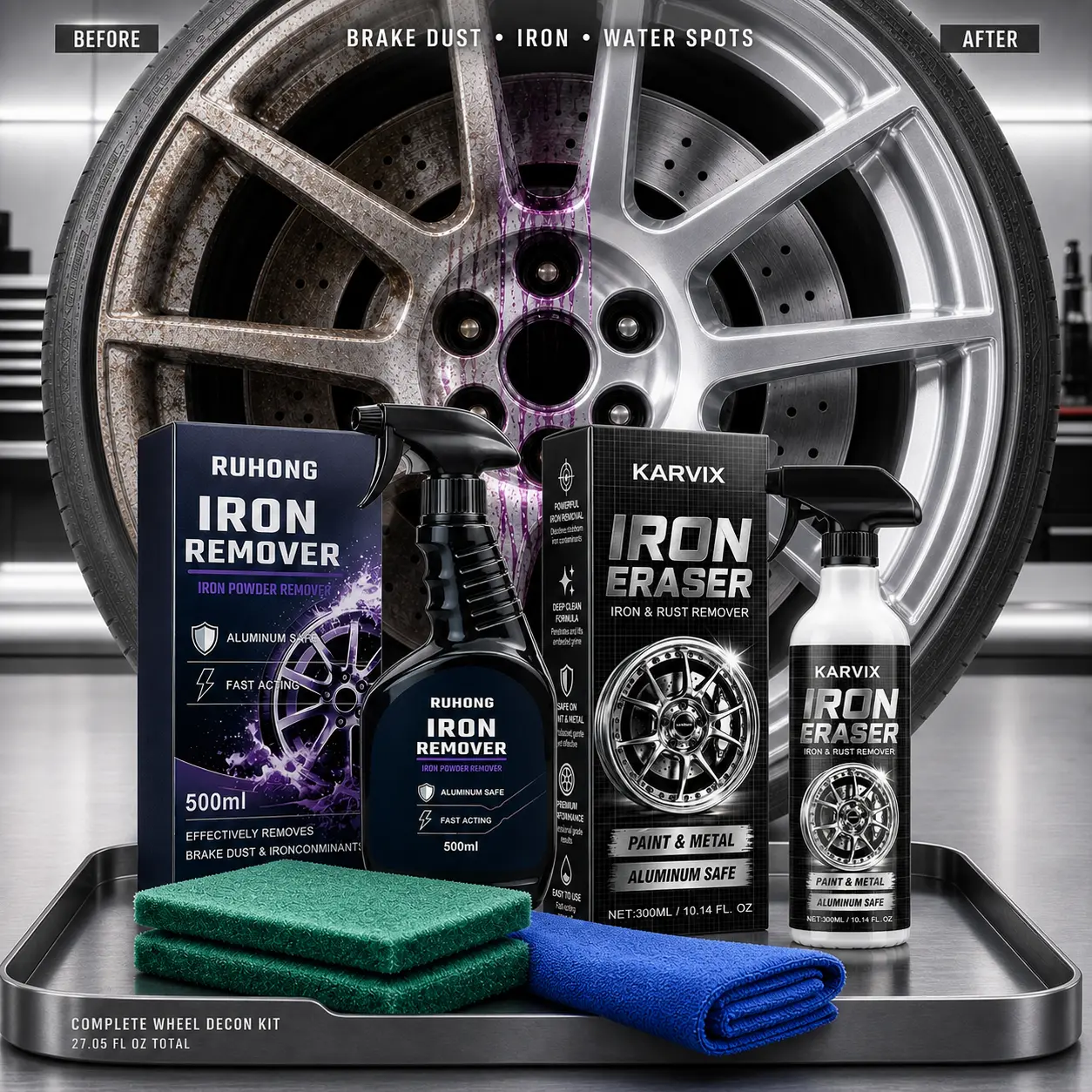 Karvix/Ruhong Heavy Duty Wheel Cleaner Spray - 27.05 Fl Oz Pre-Packaged Automotive Detailing Kit, Fast Action Iron Fallout Rust Brake Dust Hard Water Spot Calcium Deposit Road Grime Remover, Aluminum Safe for Multi-Size Alloy Chrome Painted Mag Wheels