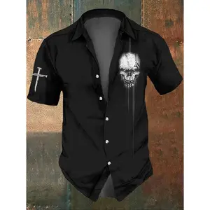 Men's Skull Print Short Sleeve Shirt Casual Collared Button Front Top Gothic Streetwear All Season Fashion shortsleeve menswear gift gym Breathable Linen Mandarin Shirt casual wear clothing