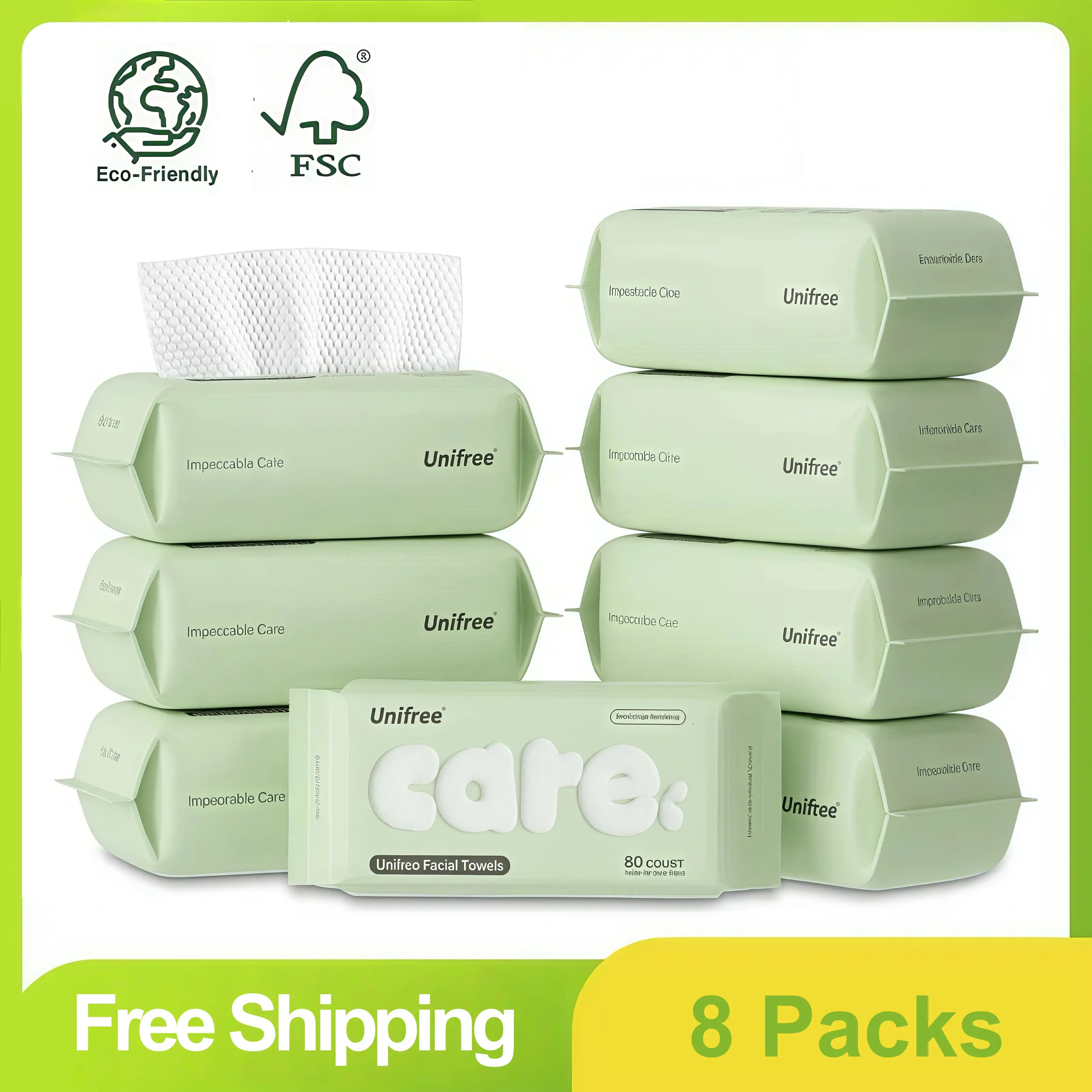 Unifree Face Clean Towels, Dry Facial Towels, Disposable, 100% Plant Fiber & Biodegradable, Ultra Soft & Thick, Large 7.9''x7.9'', Superabsorbent, Was