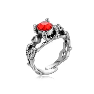 Vintage Skull Dragon Bat Biker Ring, Antique Silver Plated Adjustable Open Ring, Gothic Punk Rock Halloween Jewelry for Men Sapphire Cut Cushion Sterling