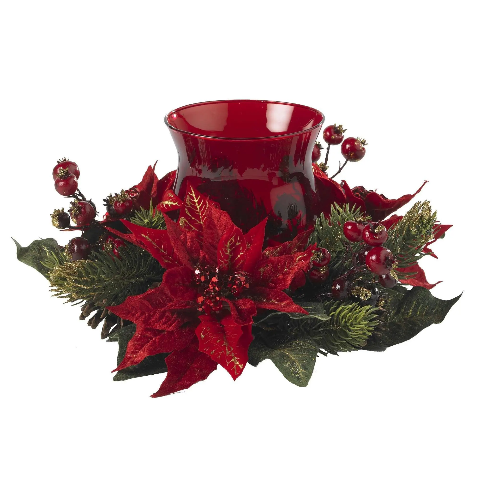 13-Inch Decorative Artificial Flower Bouquet - Colorful Poinsettias & Berry Floral Candelabrum, Red Candle Holder for Home Decor Supplies & Holiday Cheer
