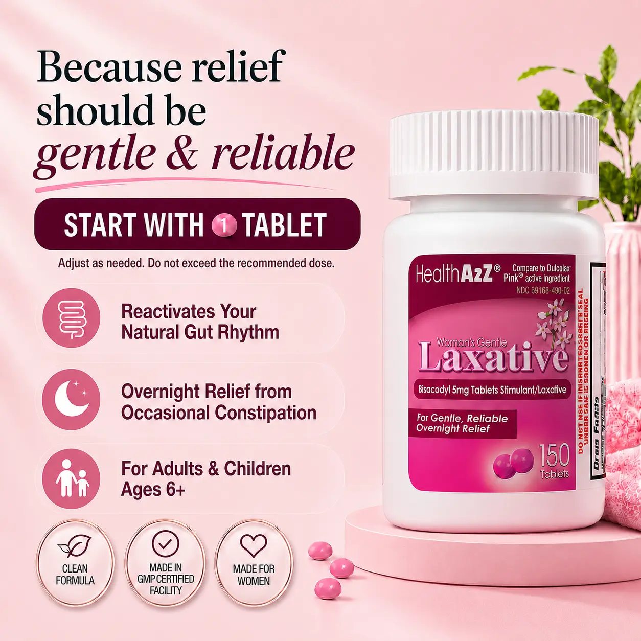 HealthA2Z Woman's Gentle Laxative | Bisacodyl Stimulant Laxative 5mg | Constipation Relief | Gentle and Reliable | Overnight Relief (150 Tablets)