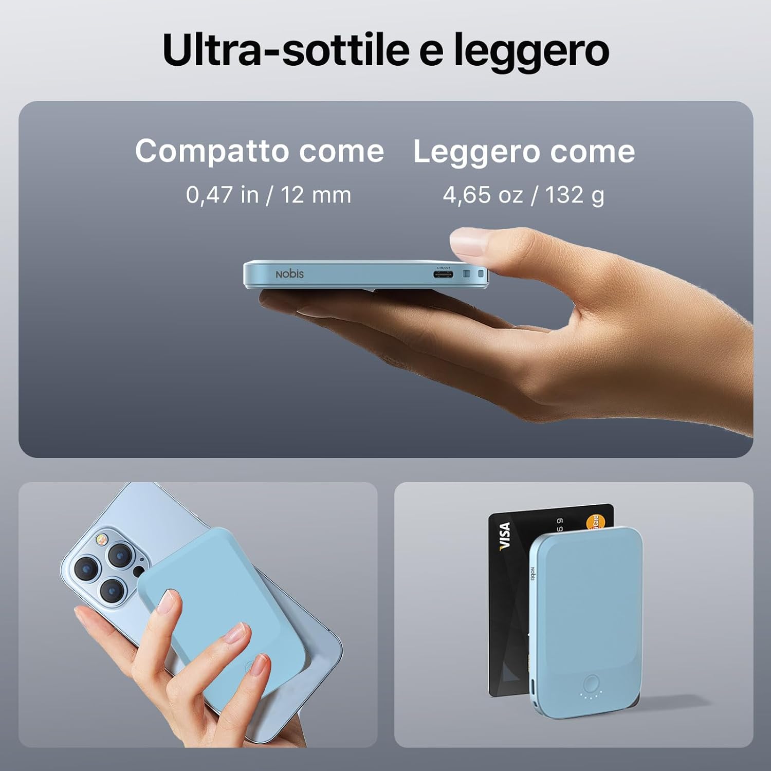 NOBIS Power Bank Slim da 5000mAh con Cavo Integrato: Caricatore Portatile con Aggancio Magnetico, Ricarica Rapida 22,5W e USB-C In/Out, per Smartphone e Dispositivi Android