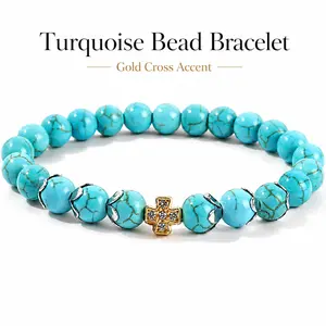 Stylish Versatile Turquoise Bead Bracelet, Gold-Tone Cross Accent, Daily Costume Fashion Jewelry