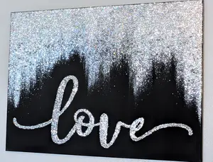 Black Silver Glitter Love Painting - Modern Hand-Painted Love Wall Art for Home Decor, Original Black Glitter Phrase Canvas Hand-Painted