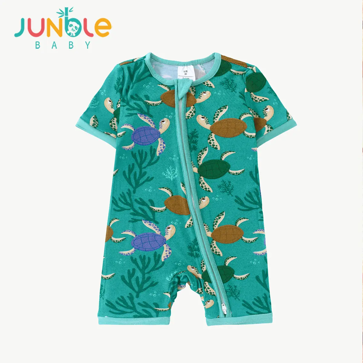 JUNBLEBABY Unisex Bamboo Short Sleeve Baby Romper, Cute Sea Turtle & Seaweed Print Summer Sleeper with 2-Way Zipper, Infant (0-24M), Snug Fitting Bamboo Shorty Sleepwear