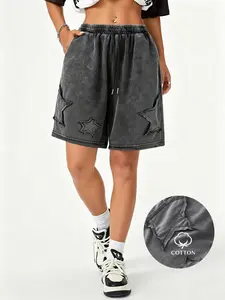 Unisex Summer Elastic Waist Tie-Back Shorts, Casual Loose-Fit Cotton Pants with 3D Star Embroidery, Breathable & Comfortable