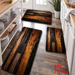 2/3pcs Soft Flannel Kitchen Mat Set, Vintage Dark Wood Board Pattern, Non-Slip Bottom, Absorbent, Rustic Farmhouse Style, Floor Mat