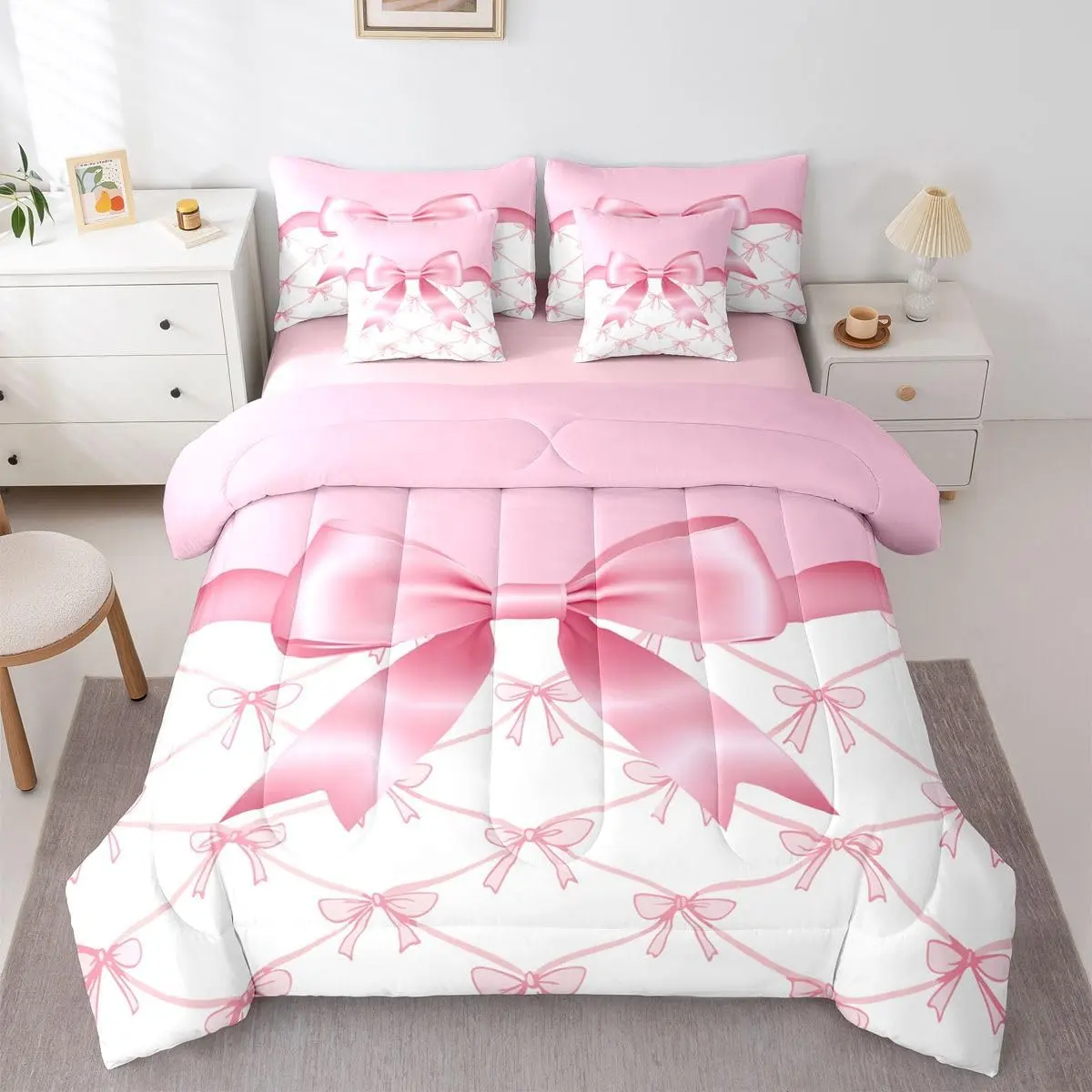 Pink Bow 7 Piece Bedding Set Cute Ribbon Bow Comforter Set with Sheets White Pink Bed in a Bag Princess Style Bed Set Soft Lightweight