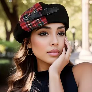 1pc 2024 New Women's Beret Hat with Red Plaid Patch - British Retro Lightweight Adjustable Snap Closure Face- Painter Hat for Dance Parties & Holidays, Black with Decorative Accessories, Holiday Fashion Accessory, Decorative Band Detail