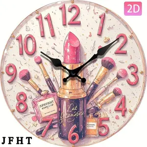 JFHT Round Wall Clock with Beauty-Themed Artistic Design Featuring Lipstick & Makeup Brush Elements Silent Decorative Gift Item No AA Batteries Included