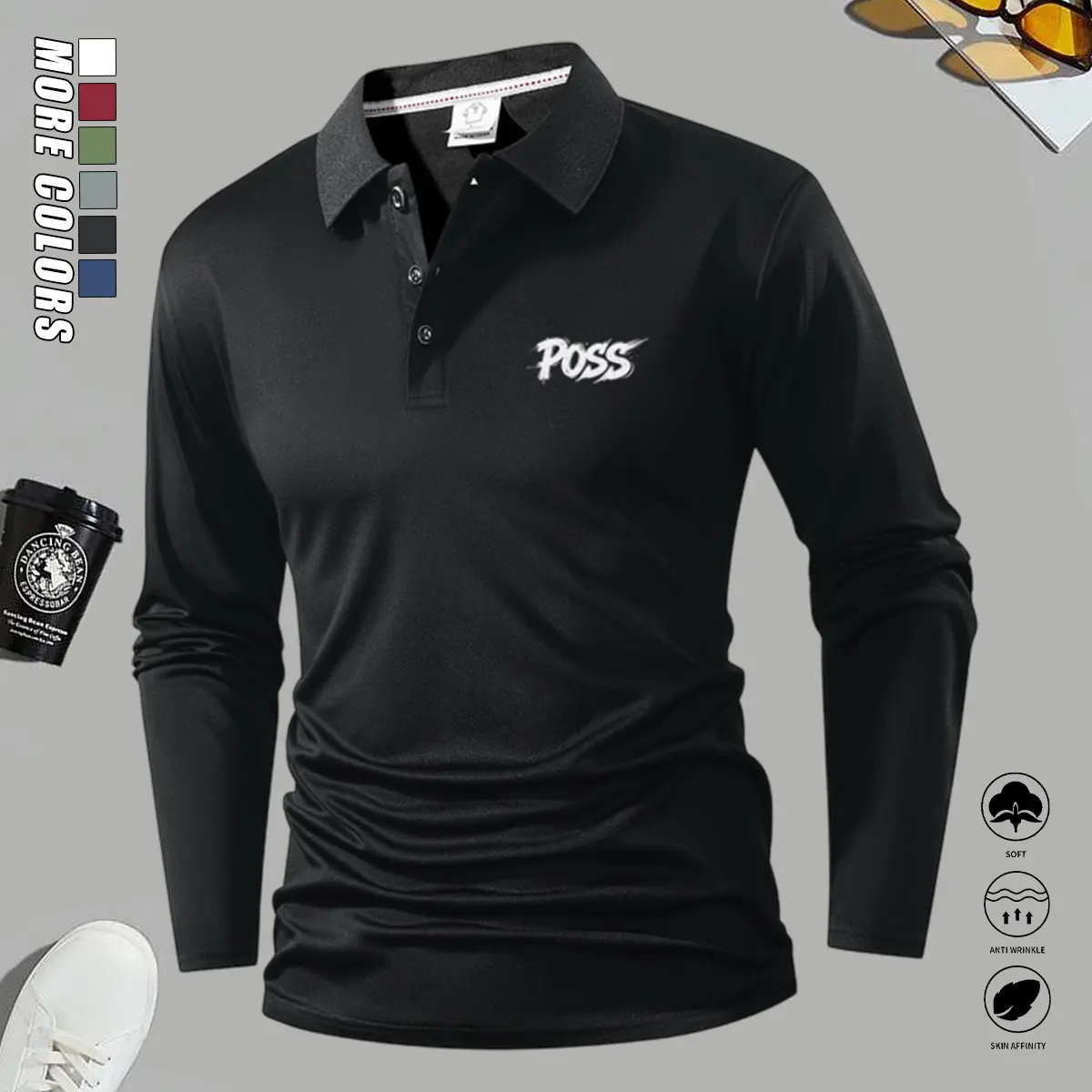 Men’s Polyester Long-Sleeve Business Casual Collared Polo Shirt - Stylish Letter Print Top, Casual Sports & Office Use, Summer Menswear Essential