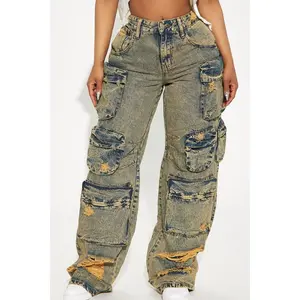 Nikki Non Stretch Acid Wash Cargo Jeans - Vintage Wash K
